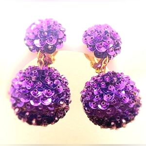 Handmade purple seed bead sequins clip on disco ball drop fashion earrings